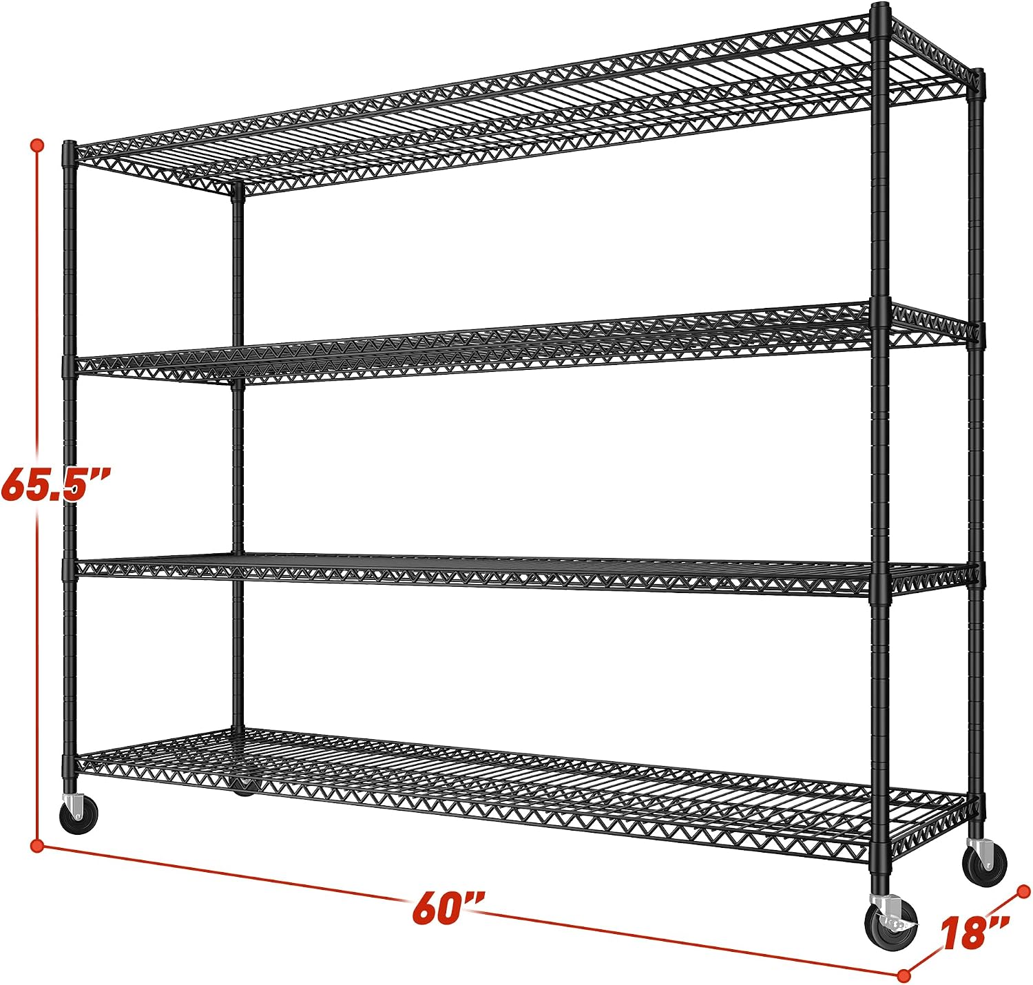 REIBII 60''W Storage Shelves 2399LBS Wire Shelving with Wheels Garage Shelving Heavy Duty Metal Shelves for Storage Rack Adjustable Shelf for Commercial Garage Kitchen, 60' W x 18' D x 65.5' H