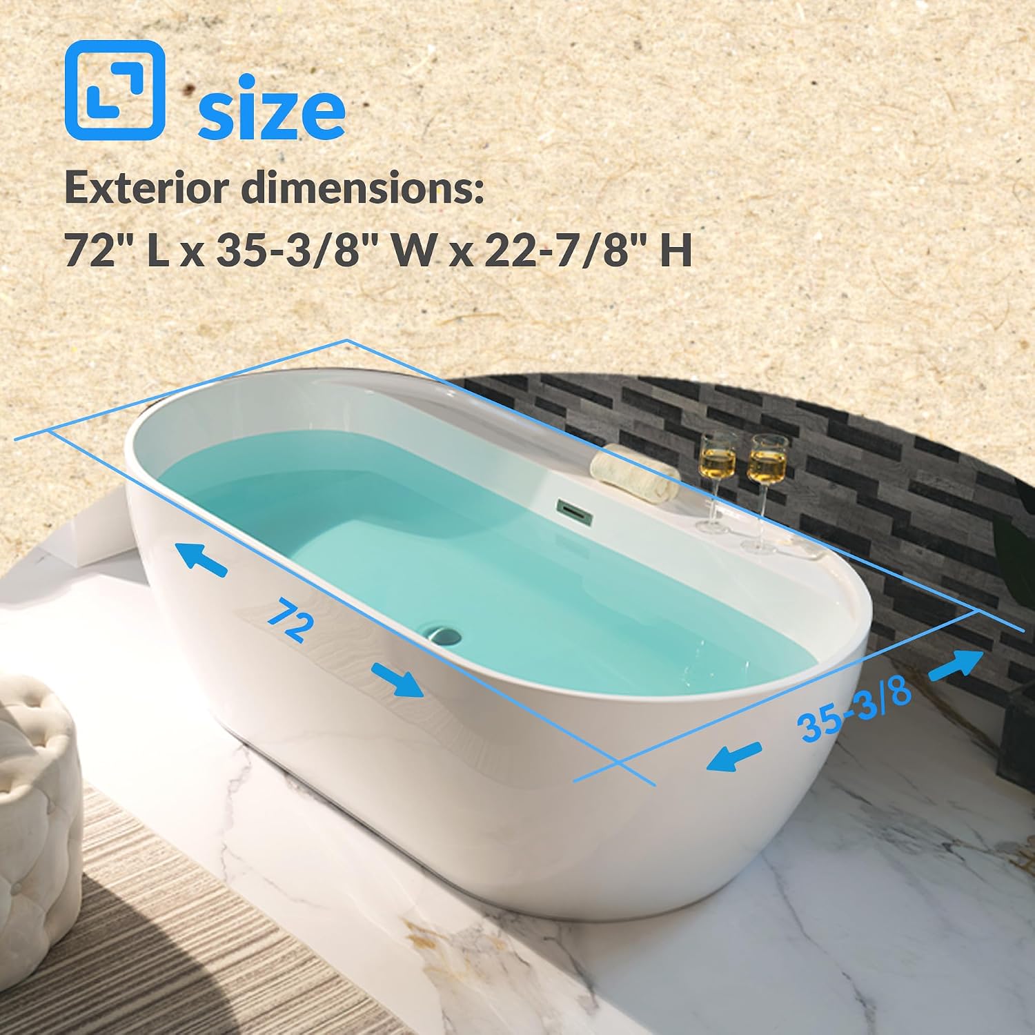 WOODBRIDGE 72' Acrylic Freestanding Bathtub Contemporary Soaking White Tub with Brushed Nickel Overflow and Drain,B0059-BN