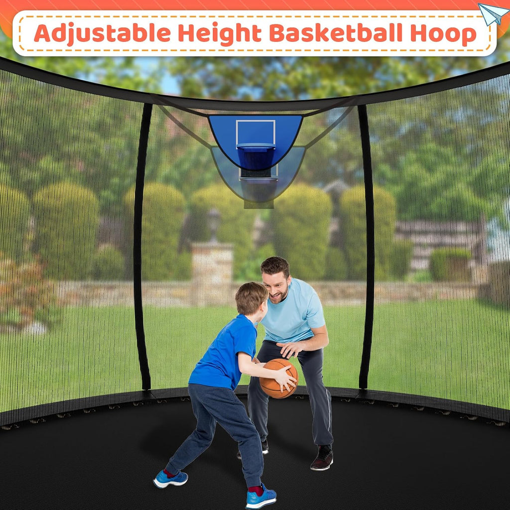 Zevemomo 12 FT Outdoor Kids Trampolines, 12 FT Trampoline with Basketball Hoop & Net, Coating Frame, Heavy Duty Pumpkin Trampolines, Black