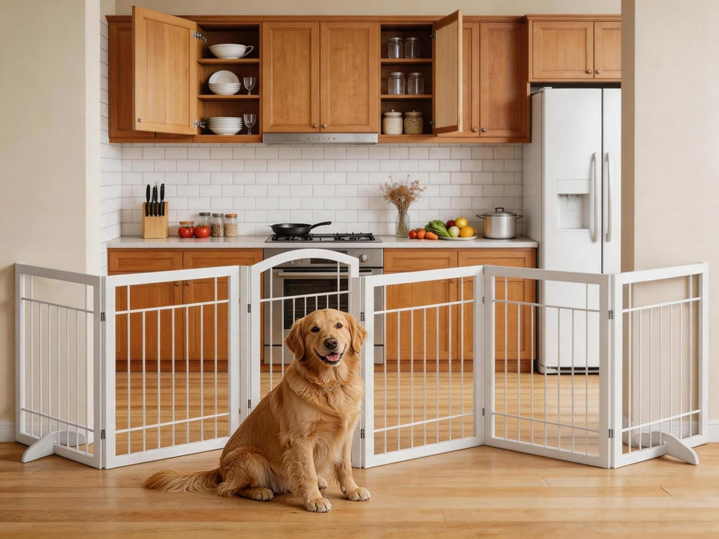 Vantas Folding Pet Gate 144' Wide, 30' Tall No-Assembly Metal Dog Gate with Door Walk Through, Freestanding Wire Pet Puppy Safety Fence, with 2PCS Support - White