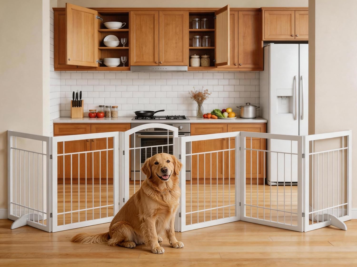 Vantas Folding Pet Gate 144' Wide, 30' Tall No-Assembly Metal Dog Gate with Door Walk Through, Freestanding Wire Pet Puppy Safety Fence, with 2PCS Support - White