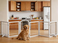 Vantas Folding Pet Gate 144' Wide, 30' Tall No-Assembly Metal Dog Gate with Door Walk Through, Freestanding Wire Pet Puppy Safety Fence, with 2PCS Support - White