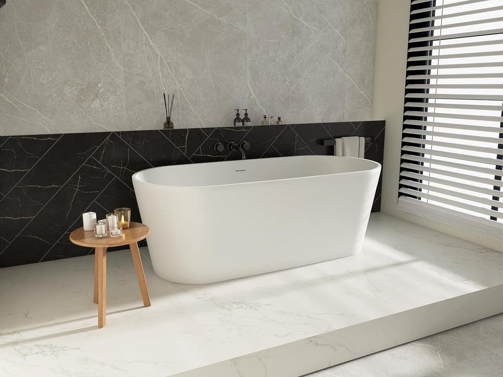 63'' Freestanding Solid Surface Resin Stone Bathtub, Freestanding Tub, Contemporary Design Stand Alone Tub with Pop-up Drain and Overflow, cUPC Certified,