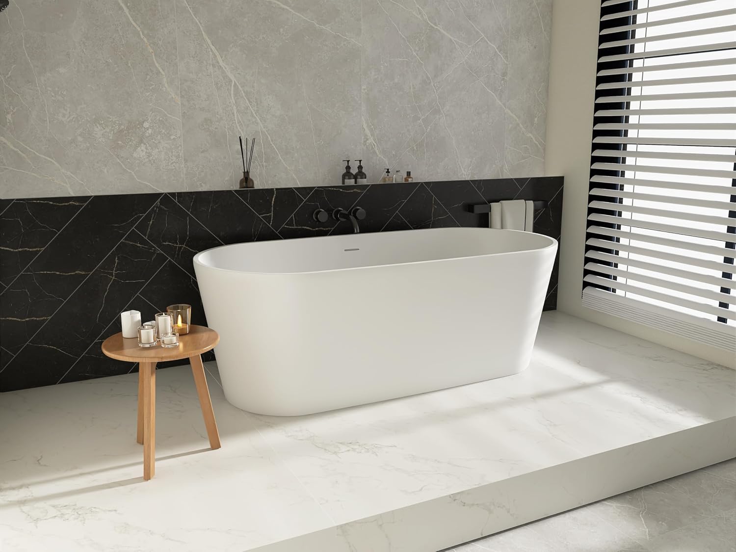 63'' Freestanding Solid Surface Resin Stone Bathtub, Freestanding Tub, Contemporary Design Stand Alone Tub with Pop-up Drain and Overflow, cUPC Certified,
