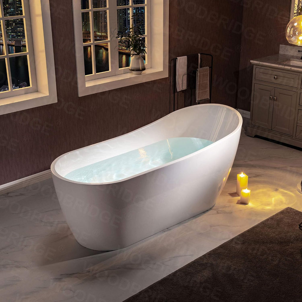 WOODBRIDGE 67'Freestanding White Acylic Soaking Bathtub with Brushed Gold Drain and Overflow,BTA1508 -BG-Drain &O