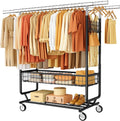 Gewudraw Heavy Duty Clothes Rack with Metal Basket, 1060 LBS Rolling Double Rod Garment Rack, Portable Extendable Clothing Rack with Wheel for Bedroom, Laundry Room & Retail Store