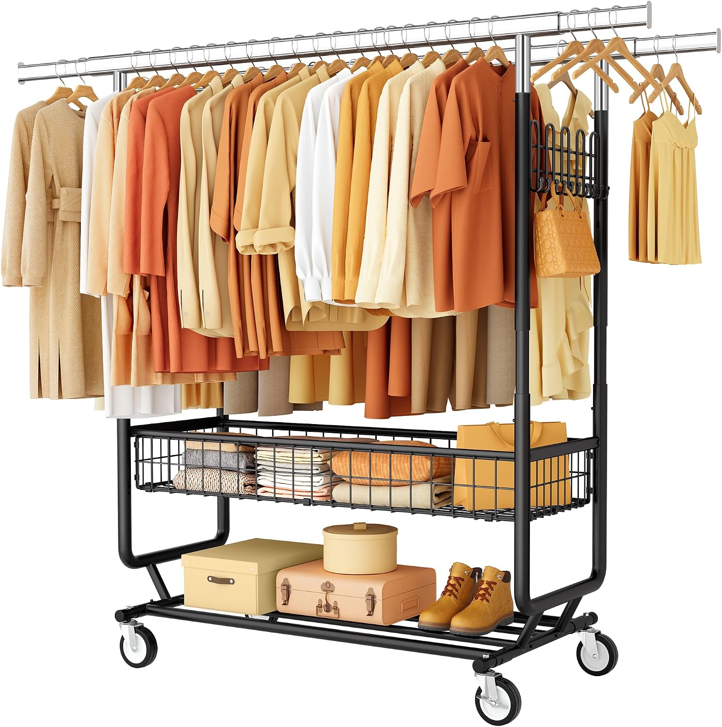Gewudraw Heavy Duty Clothes Rack with Metal Basket, 1060 LBS Rolling Double Rod Garment Rack, Portable Extendable Clothing Rack with Wheel for Bedroom, Laundry Room & Retail Store
