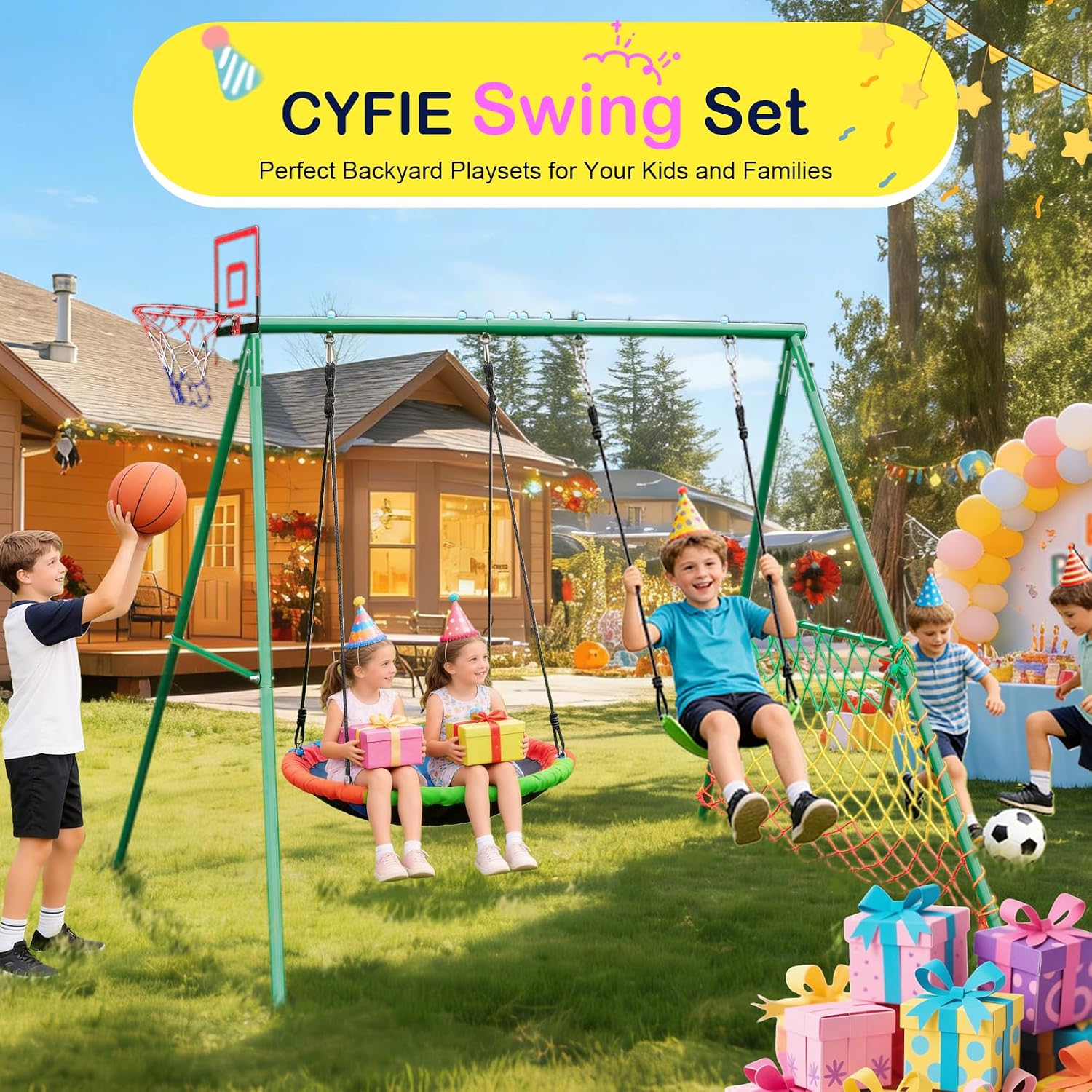 CYFIE Swing Set, Outdoor Playset for Kids with Saucer Swing, Belt Swing, Heavy Duty Metal Frame Swing Stand, Basketball Hoop and Soccer Goal, Swing Sets for Backyard, Playground, Park