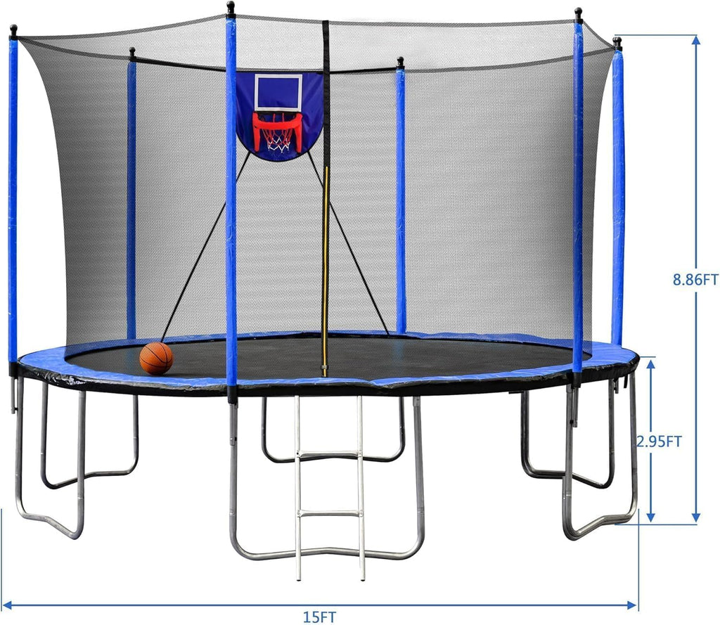 1500LBS 16FT 15FT 14FT 12 FT 10FT 8FT Tranpoline for Kids and Adults with Sprinkler, Lights with Music Speaker, Socks, Water Ball, Heavy Duty Outdoor Tranpoline with Net Enclosure and Ladder