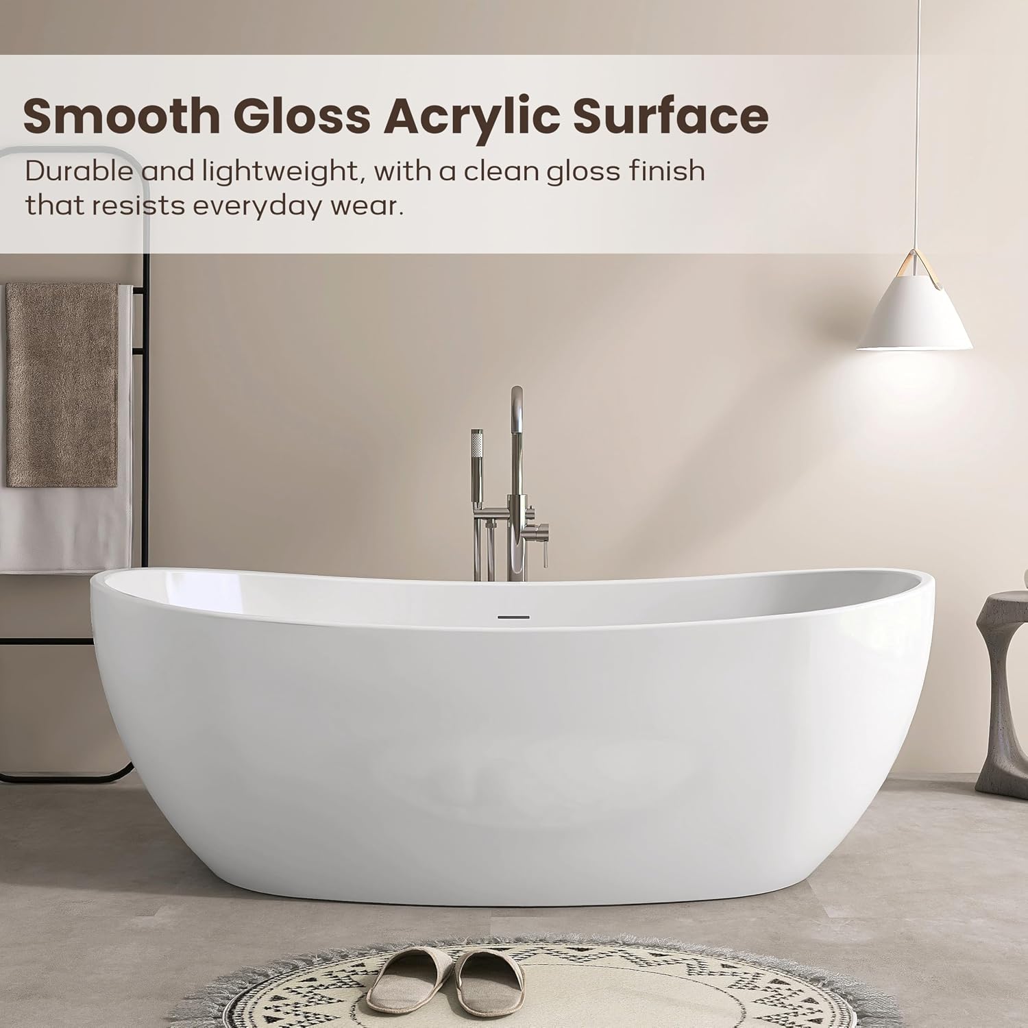 SJ STAR&JANE 65' Freestanding Bathtub, Acrylic Soaking Bathtub, Modern Acrylic Stand Alone Tub in white Intergrated Drain and Overflow,cUPC Certified