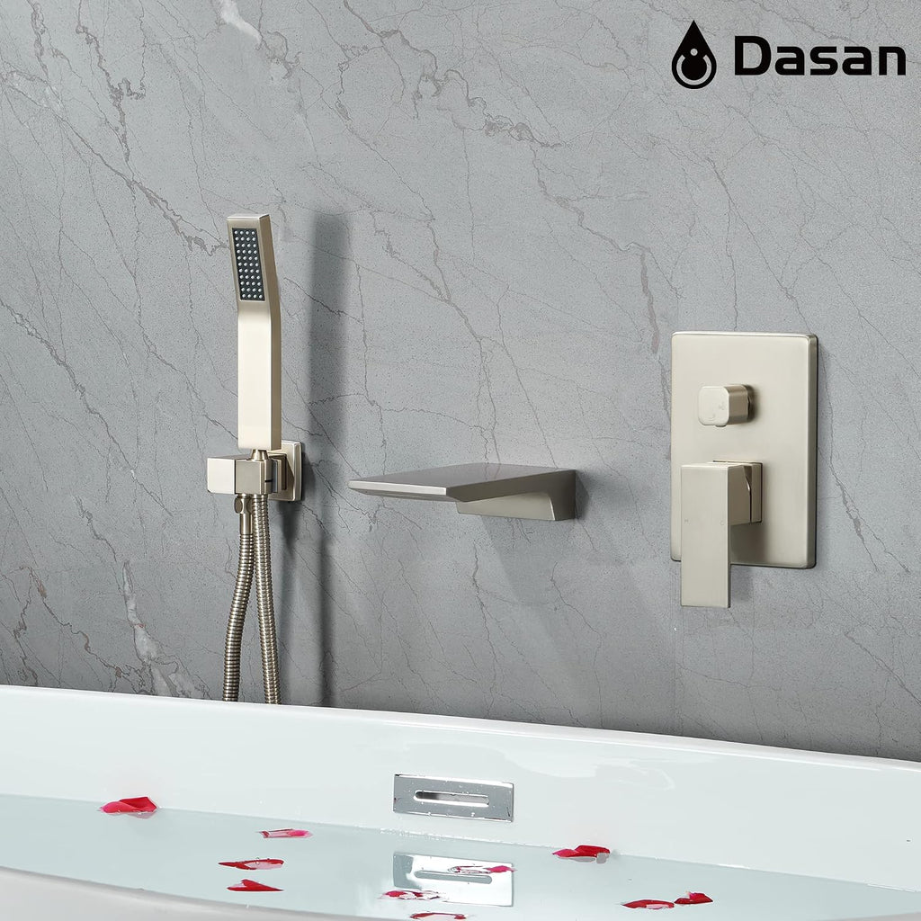 DASAN Waterfall Tub Filler Faucet Wall Mount with Hand Shower, Modern Wall Mounted Bathtub Faucet Brushed Nickel Tub Faucet with High Flow Rough in Valve, SA-TF01WH-BN