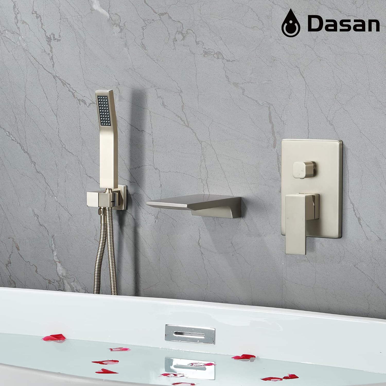 DASAN Waterfall Tub Filler Faucet Wall Mount with Hand Shower, Modern Wall Mounted Bathtub Faucet Brushed Nickel Tub Faucet with High Flow Rough in Valve, SA-TF01WH-BN
