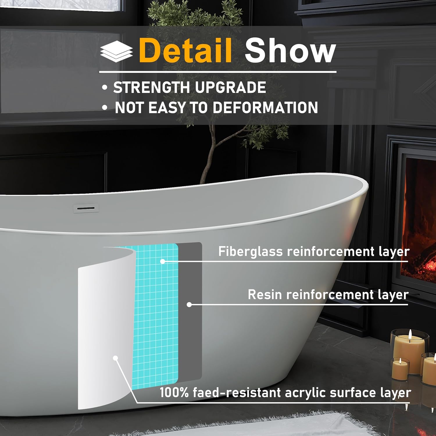 71' Acrylic Freestanding Bathtub, High-back Soaking Tub for Bathroom, Stand Alone Tub, cUPC Certified, Integrated Overflow and Drain, Gloss Grey