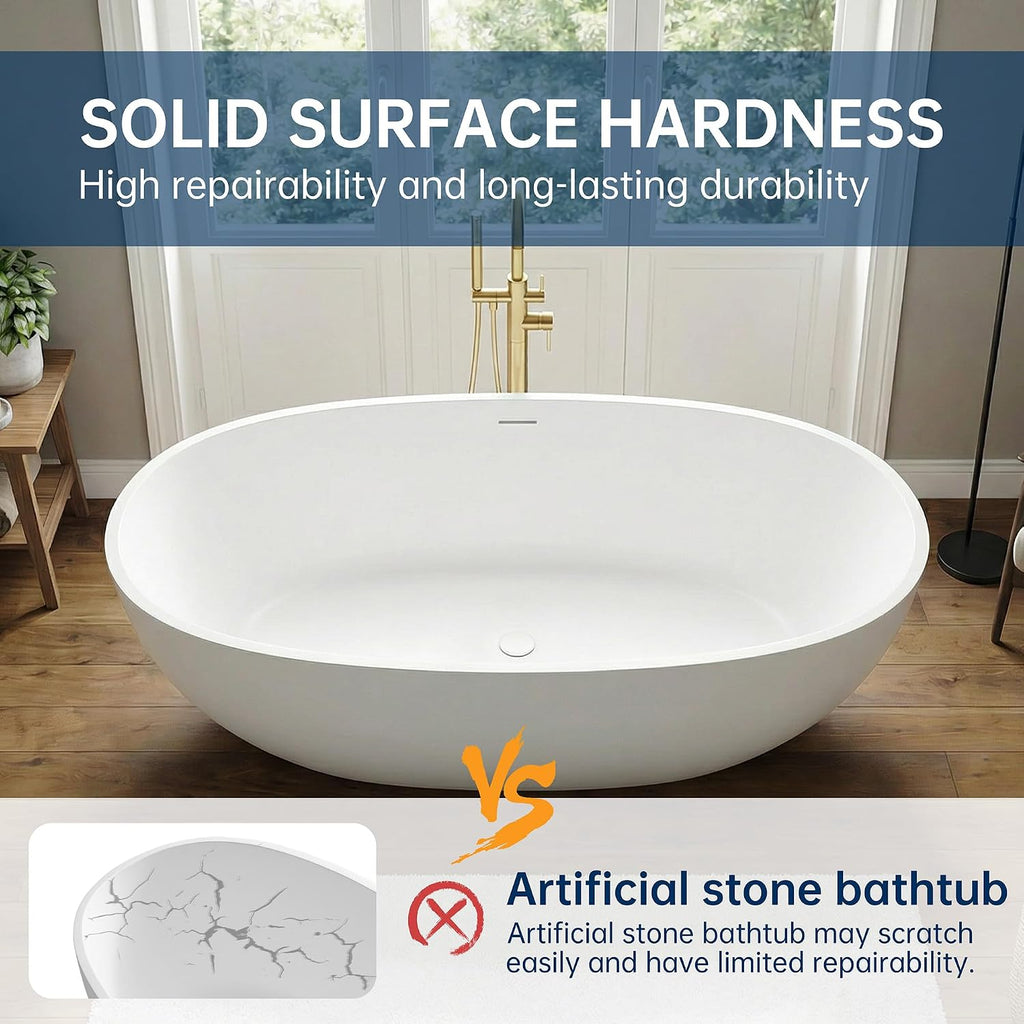 71' Stone Resin Freestanding Bathtub, Solid Surface Free Standing Tub, Soaking Tub with Overflow and Pop-up Drain in White, 2 Person Bathtub