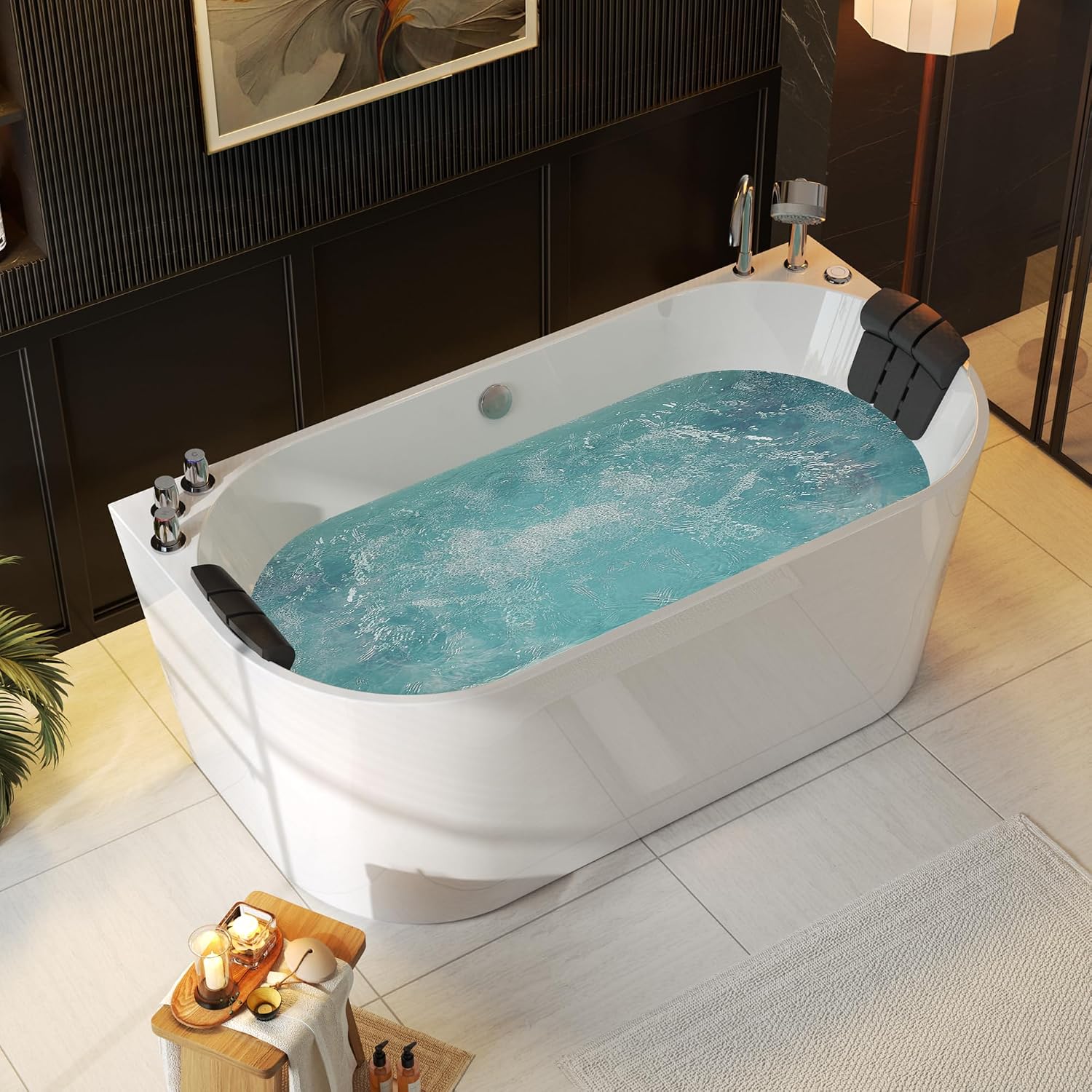 Empava 67' Freestanding Whirlpool Bathtub Oval with 8 Hydromassage Adjustable Water Jets Luxury Acrylic Massage SPA Soaking Bath Tub in White Double Ended