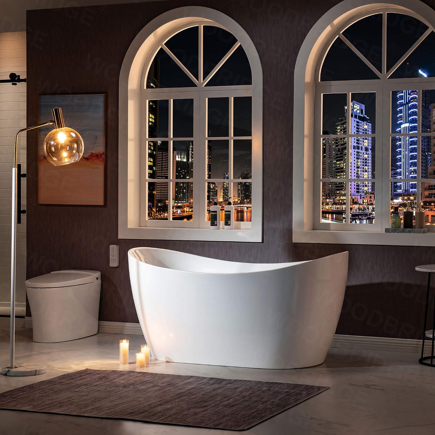 WOODBRIDGE 59'Freestanding White Acylic Soaking Bathtub with Brushed Gold Drain and Overflow,BTA1516 -BG-Drain &O