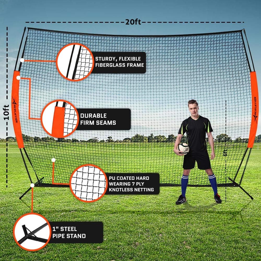 ACELETIQS Lacrosse Net Backstop, (10 x 20 ft) Durable Steel Frame & 7-Ply Knotless Sports Netting, Multi Purpose Backyard Barrier Net for Soccer, Basketball, Baseball, Softball Pitching Screen