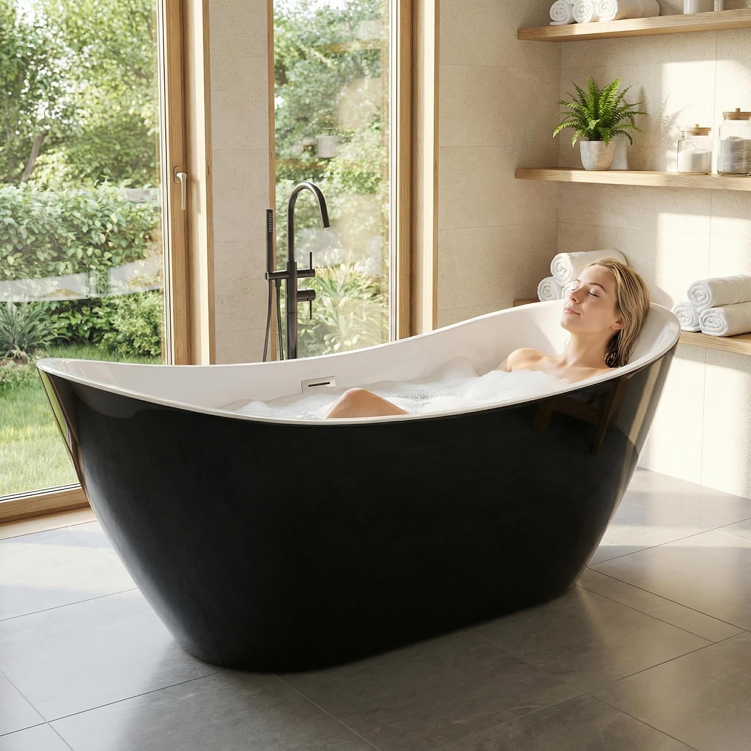 GarveeLife 67 Inch Black Freestanding Bathtub, Deep Soaking Acrylic Tub, Modern Standalone Soaker with Polished Chrome Overflow and Pop-Up Drain, Matte Black Finish