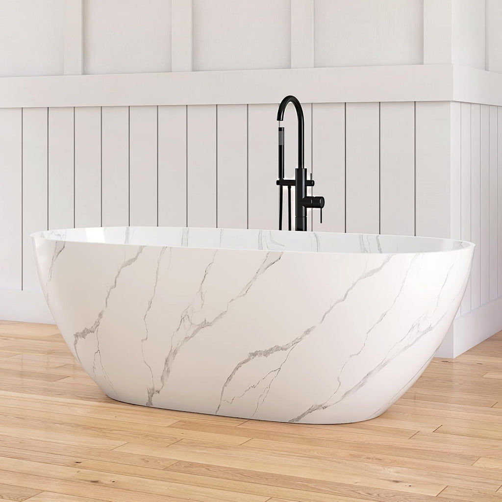63 '' Stone Resin Freestanding Bathtub, Elegant Oval Shape Soaking Tub, Solid Surface Stand Alone Bathtub with Drain & Without overflow outlet Terrazzo Beige