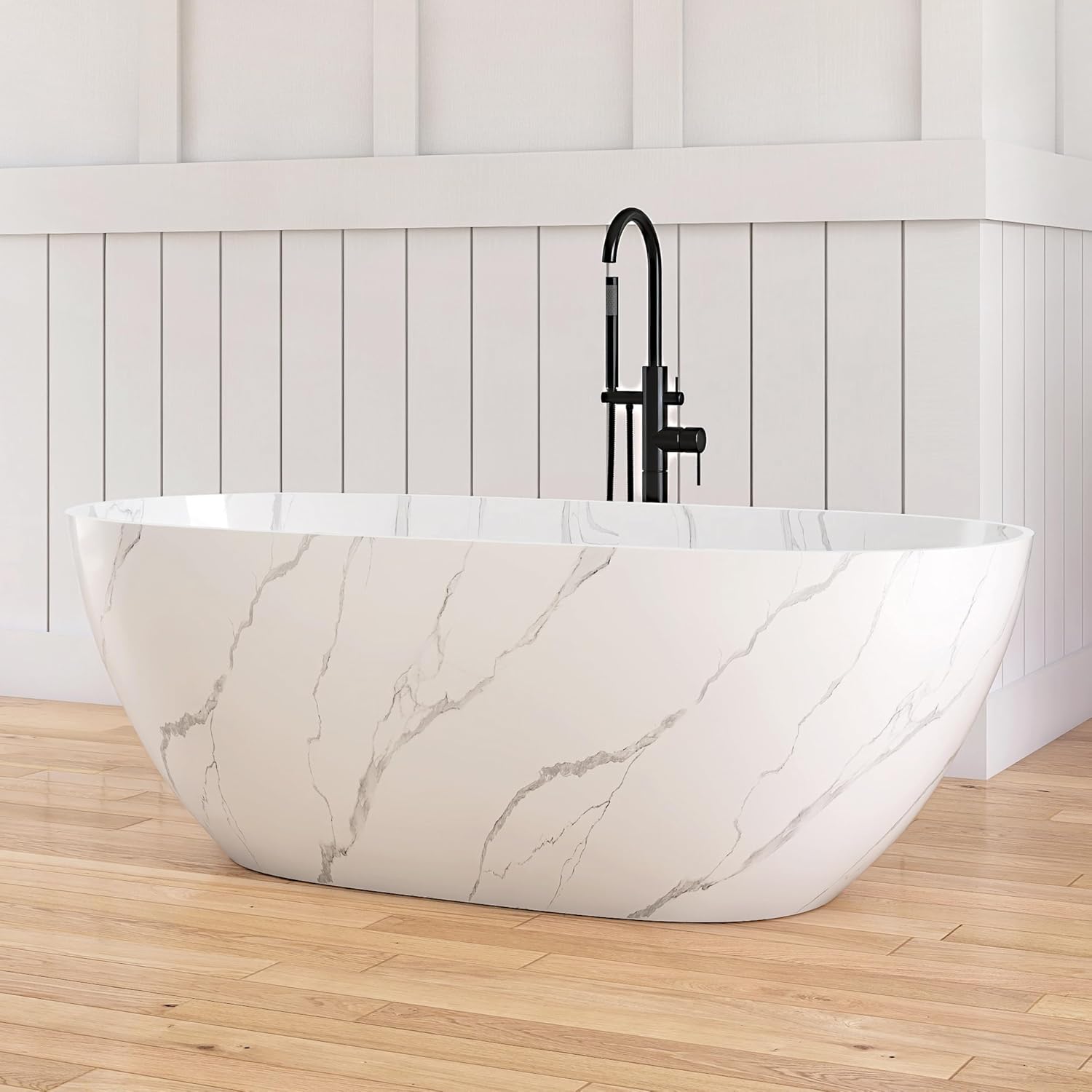 63 '' Stone Resin Freestanding Bathtub, Elegant Oval Shape Soaking Tub, Solid Surface Stand Alone Bathtub with Drain & Without overflow outlet Terrazzo Beige