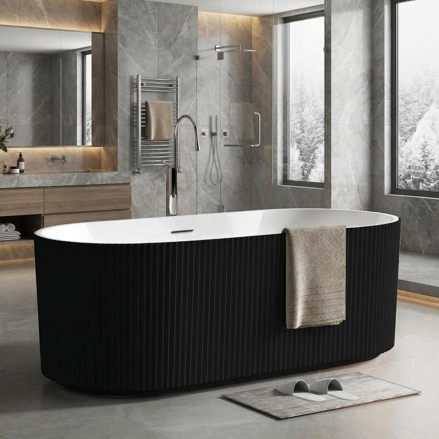 67' Freestanding Bathtub, Acrylic Soaking Tub with V Shape Pleated Design, Chrome Drain & Classic Slotted Overflow, CUPC Certified, Black and White for Modern Bathroom