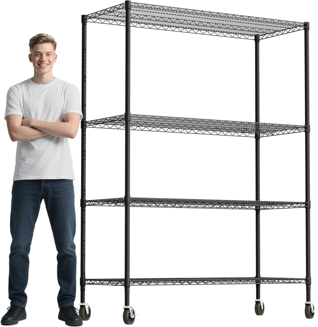 Whitmor 4 Tier Storage Shelves with Wheels, Heavy Duty Metal Shelving Unit, 625 lbs Capacity per Shelf, 2500 lbs Total for Kitchen, Garage, Plant, 55' L x 24' W x 72' H, Black