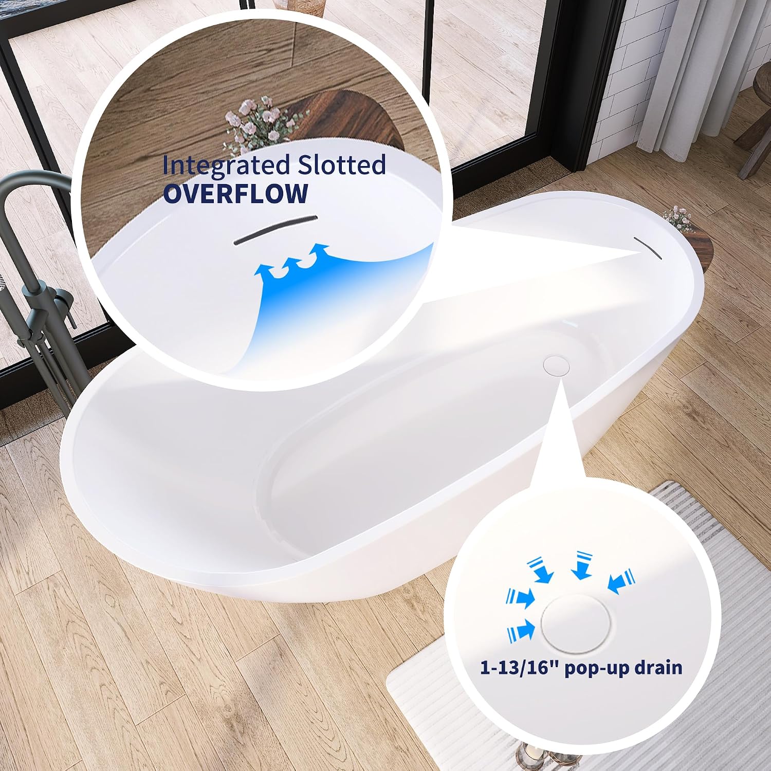 59' Acrylic Free Standing Tub, Stand Alone Tub, Freestanding Bathtub, Soaking Bathtub, cUPC Certified, CM(Glossy White)