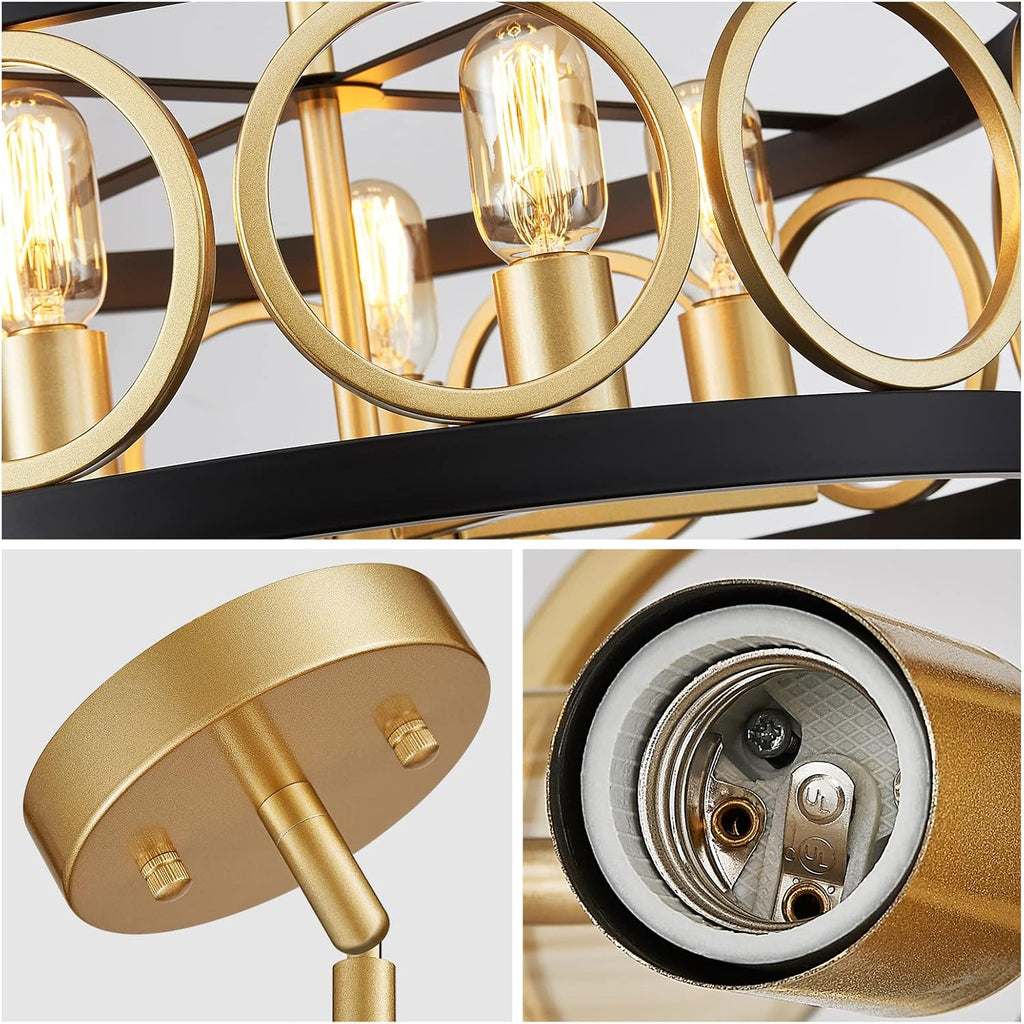 XINGQI 21.7'' Drum Chandelier, 5-Light Rustic Pendant Lighting Modern Farmhouse Chandeliers for Living Room Dining Room Bedroom, Black and Gold Finish Round Metal Ceiling Light Fixture