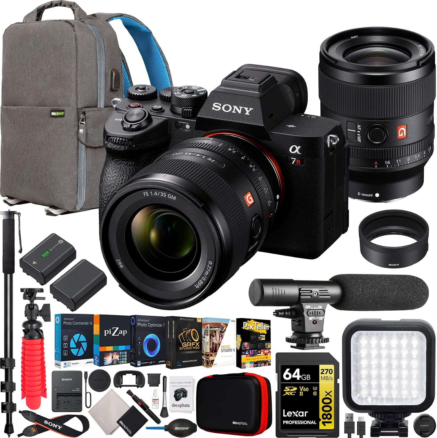 Sony a7R V Full Frame Mirrorless Camera Body with FE 35mm F1.4 GM G Master Lens ILCE-7RM5 + SEL35F14GM Bundle with Deco Gear Photography Backpack + Monopod + Extra Battery, LED and Kit Accessories