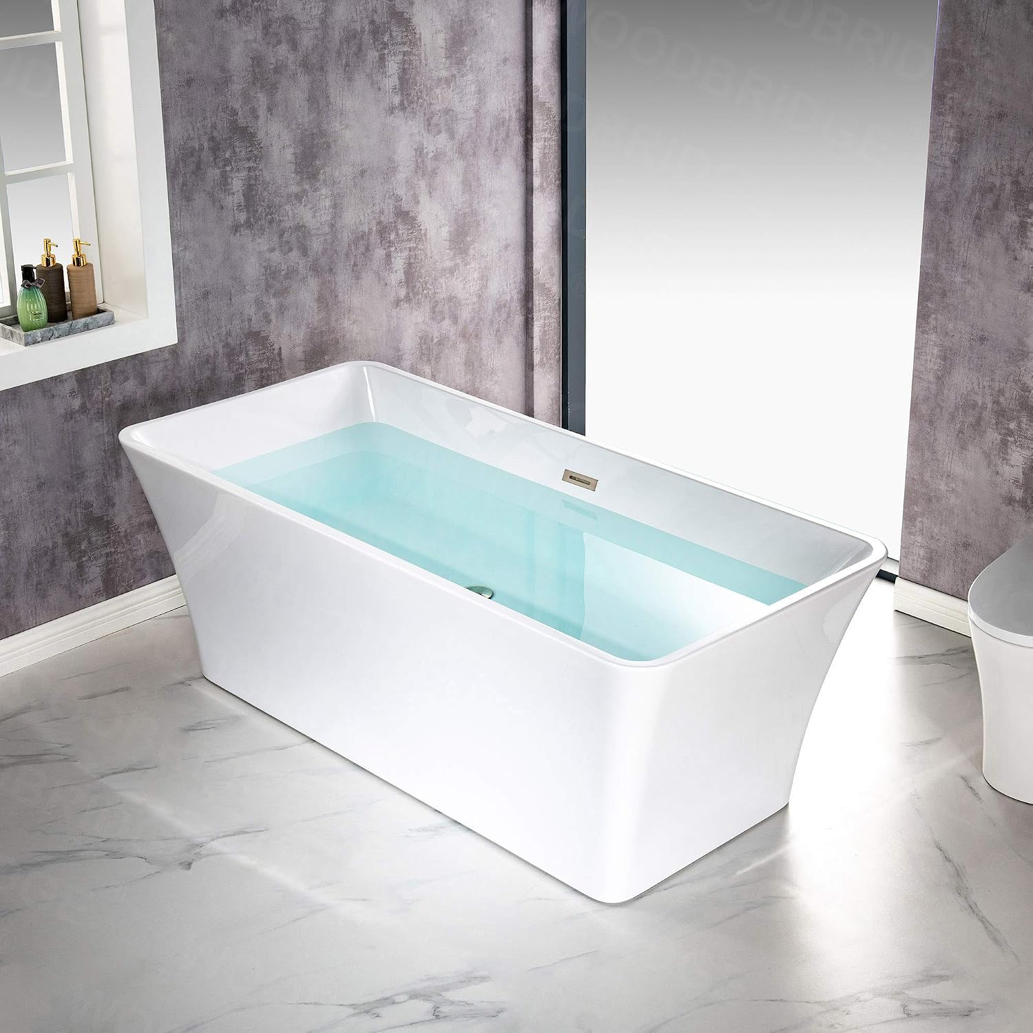 WOODBRIDGE 67' Acrylic Freestanding Bathtub Contemporary Soaking White Tub with Brushed Nickel Overflow and Drain，BTS1609 -B/N-Drain &O