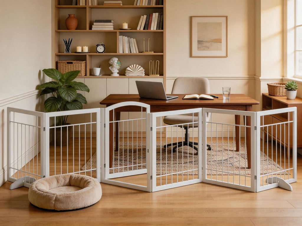 Vantas Folding Pet Gate 144' Wide, 30' Tall No-Assembly Metal Dog Gate with Door Walk Through, Freestanding Wire Pet Puppy Safety Fence, with 2PCS Support - White