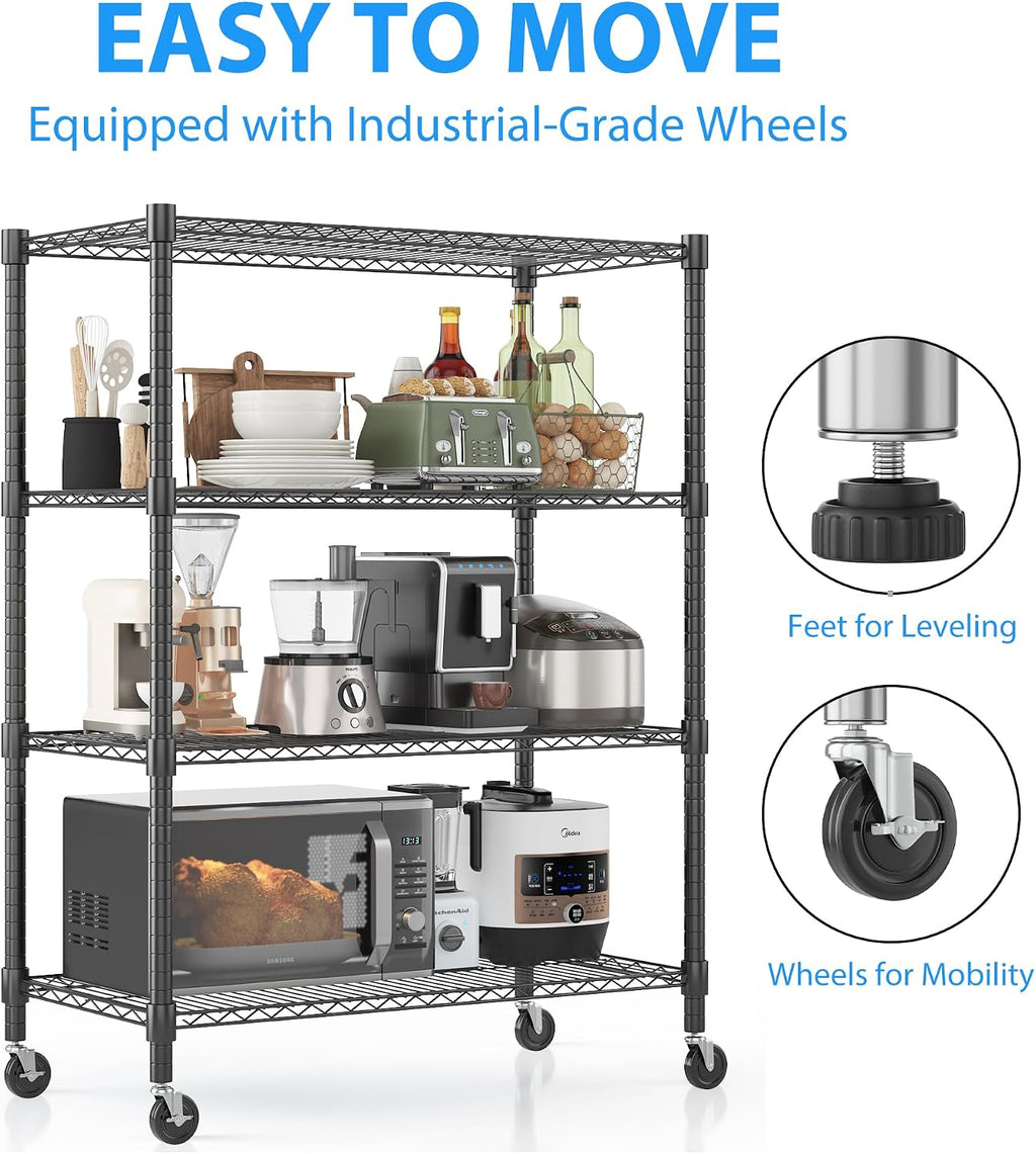 Homdox Heavy Duty Metal Shelves for Storage, 4 Tier Storage Racks and Shelving, Commercial Adjustable Wire Shelving Unit on Wheels, Garage Rack Pantry Shelves Kitchen Shelving, 18'x36'x72', Black
