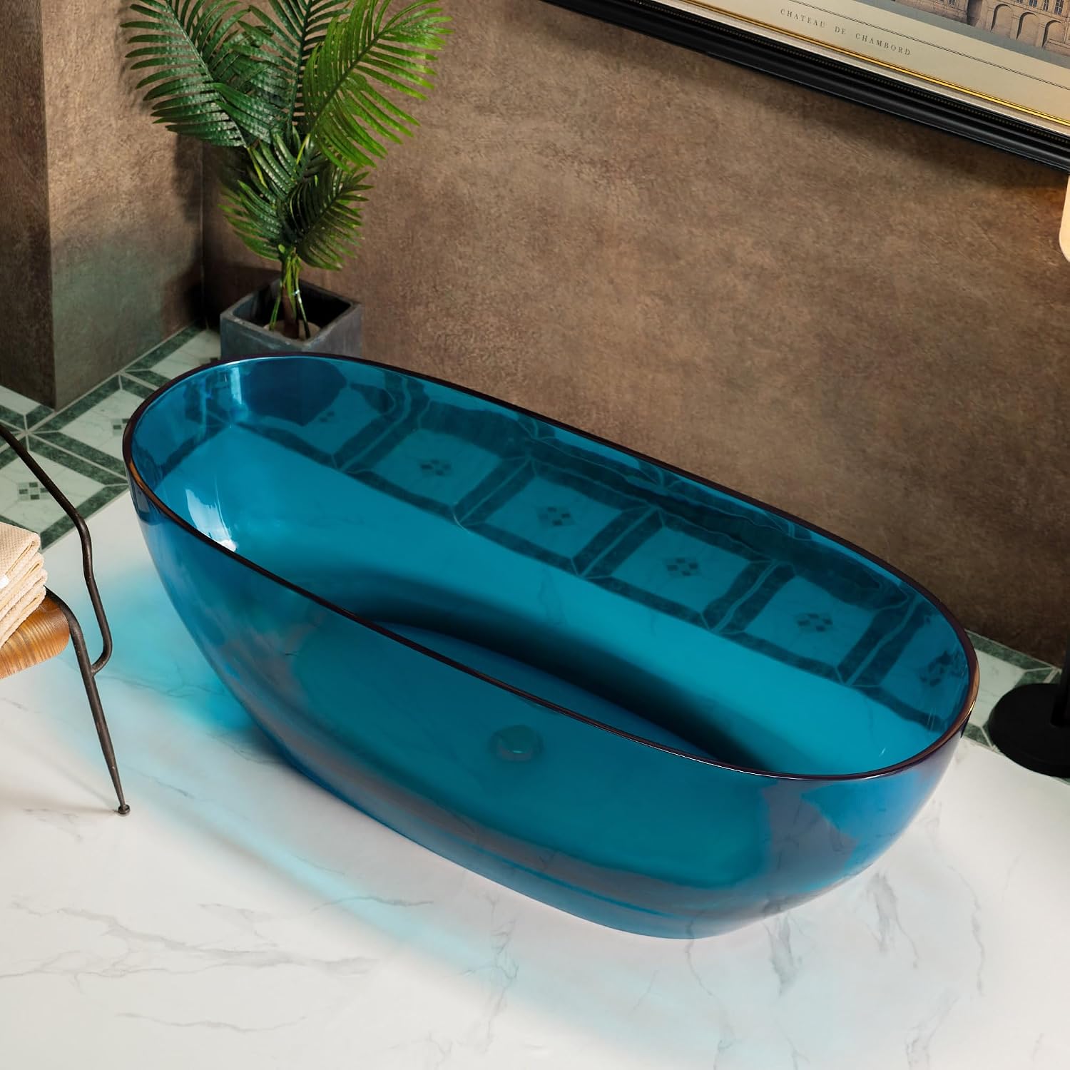 WOODBRIDGE 63' L x 28-3/8' W Transparent Blue Stone Resin Freestanding Soaking Tub with Double Ended Design