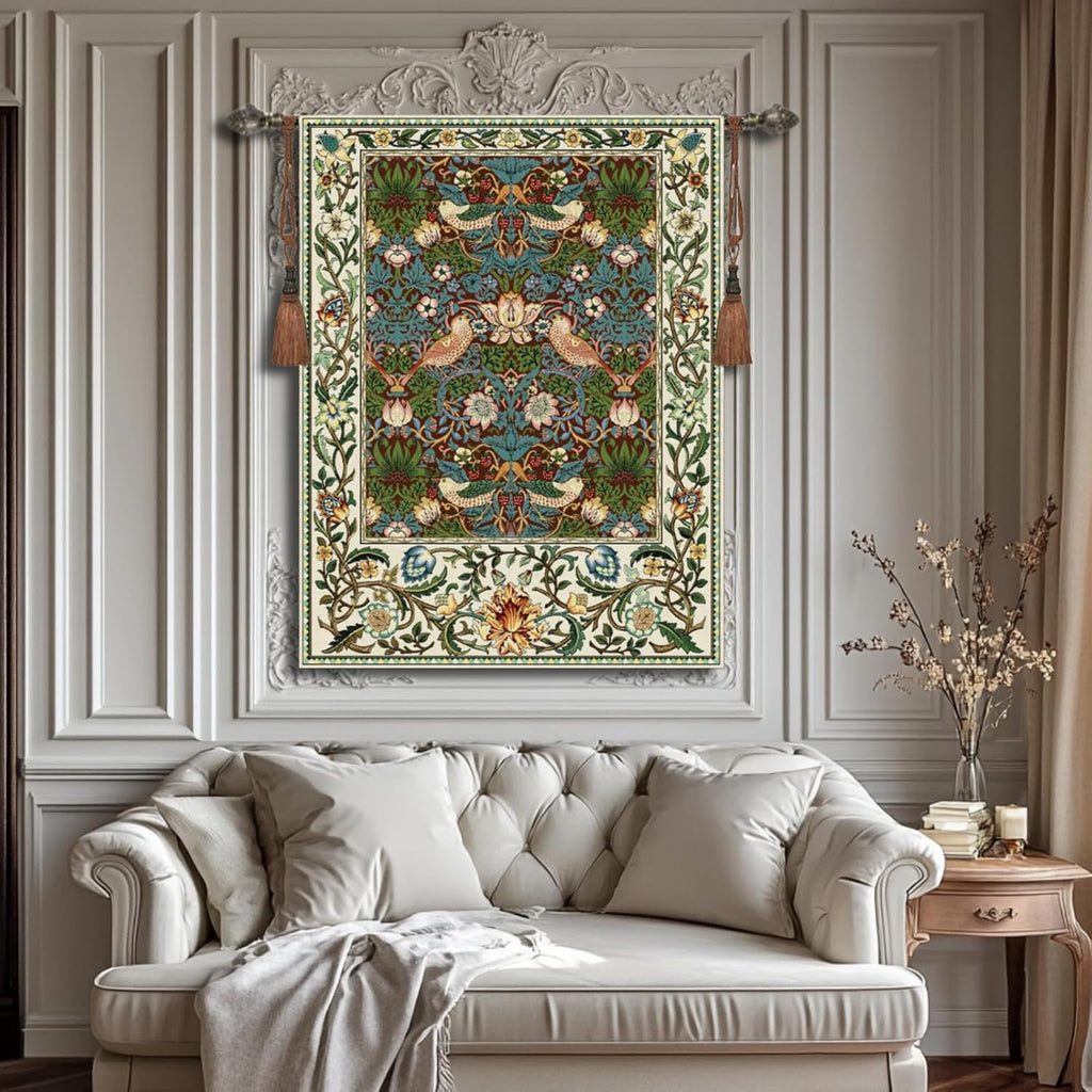 Vintage Medieval Tapestry, William Morris Birds and Flowers, Jacquard Woven Tapestry Wall Hanging for Living Room (Brown)