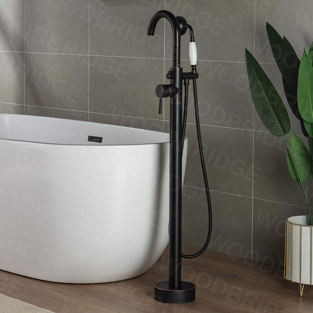 WOODBRIDGE Contemporary Single Handle Floor Mount Freestanding Tub Filler Faucet with Hand Shower in (Oil Rubbed Bronze) Finish,F0010-ORBVT