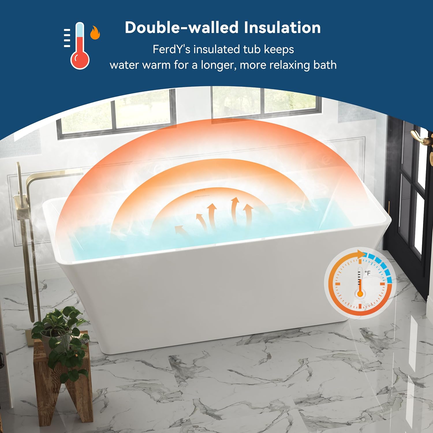 FerdY Sentosa 67' Acrylic Freestanding Bathtub, Contemporary Design Soaking Tub with Brushed Nickel Drain and Minimalist Linear Design Overflow, Easy to Install, 02560
