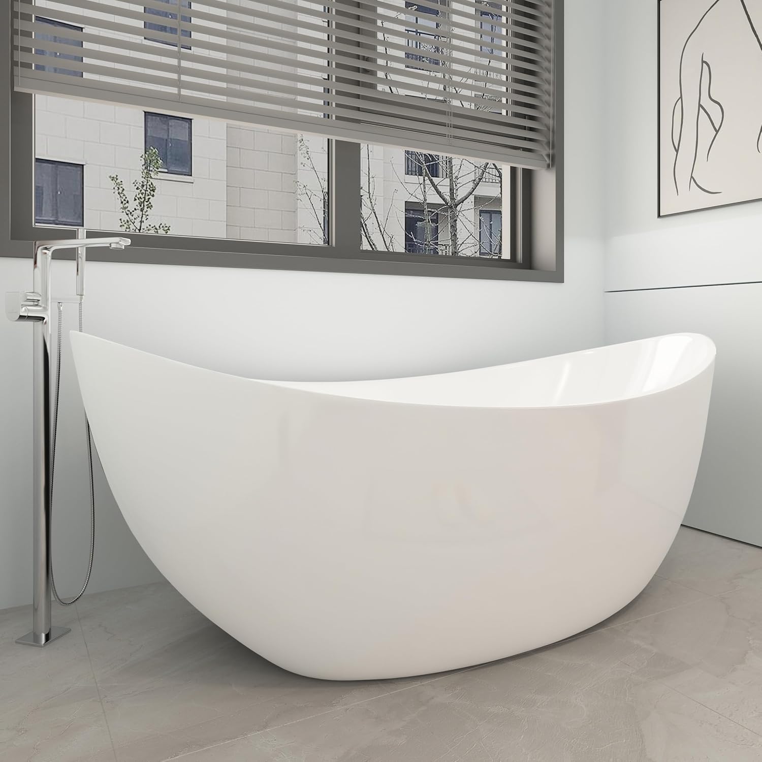 65' Double Slipper Freestanding Soaking Bathtub, WHALEKING Luxury Stand Alone Free Standing Acrylic Tub with Chrome Overflow and Drain, Glossy White