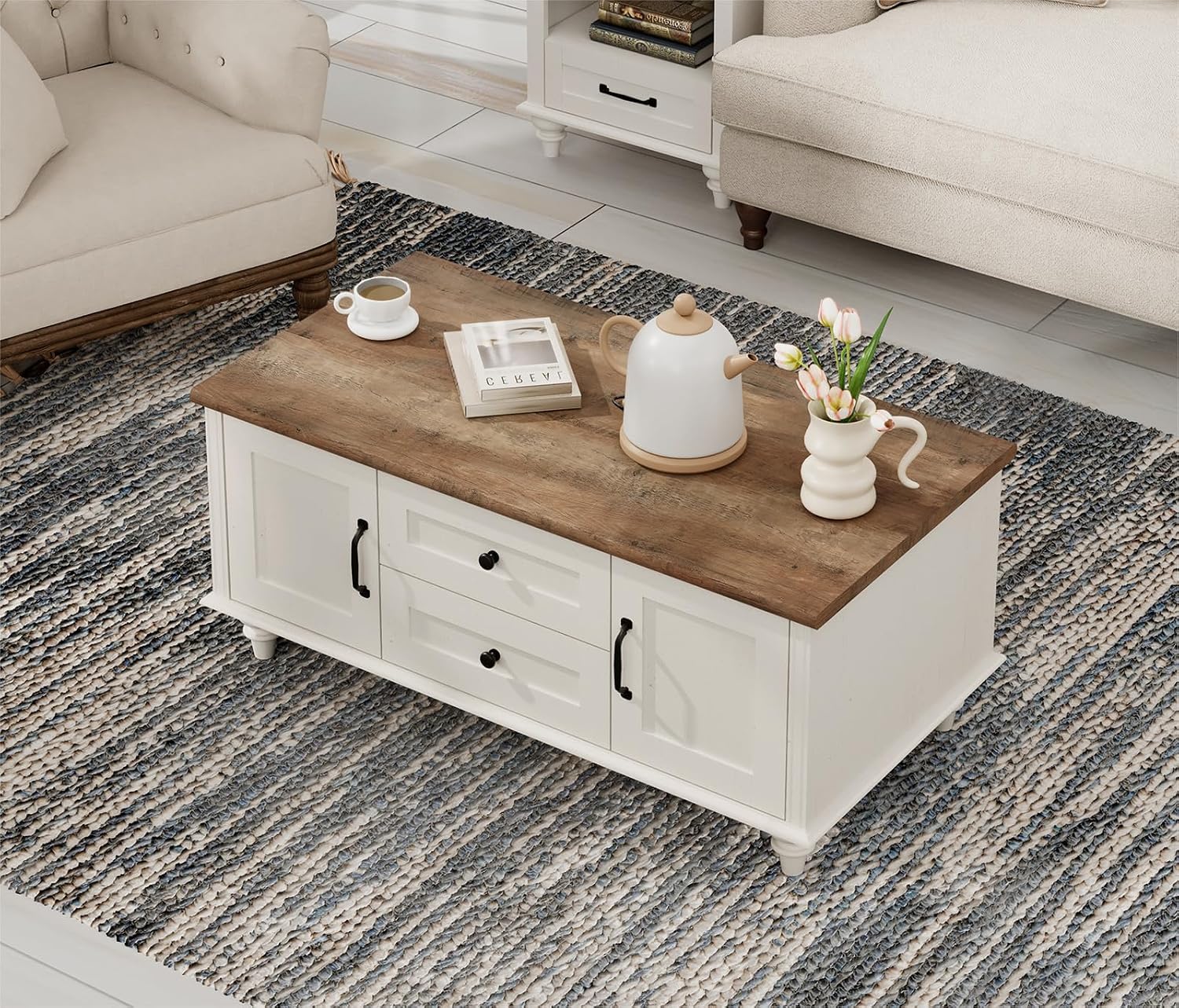 WAMPAT 3 Pieces Living Room Table Set, Set of 2 Nightstands Side Tables with Charging Station, One Rectangle Coffee Table with Storage Cabinet, Off White