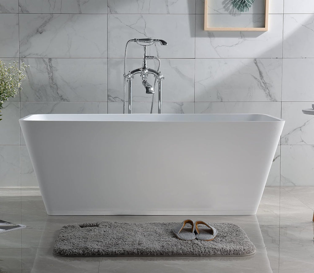 Dowell 60' Luxury Modern Stone Resin Freestanding Bathtub | Matte White Square Shape Solid Surface Soaking Tub with Integrated Slotted Overflow 076 59