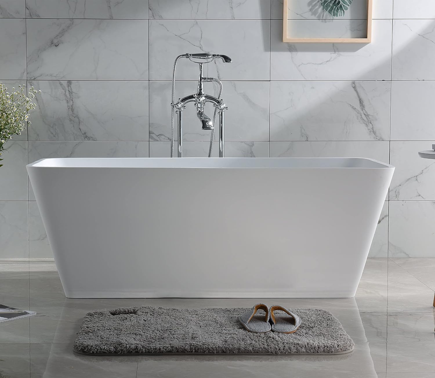 Dowell 60' Luxury Modern Stone Resin Freestanding Bathtub | Matte White Square Shape Solid Surface Soaking Tub with Integrated Slotted Overflow 076 59