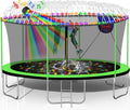 1500LBS 10FT 12FT 14FT 15FT 16FT Trampoline with LED Lights, Sprinkler, Music Speaker and Socks, ASTM Approved Outdoor Trampoline for Kids and Adults, Backyard Trampolines with Net Enclosure