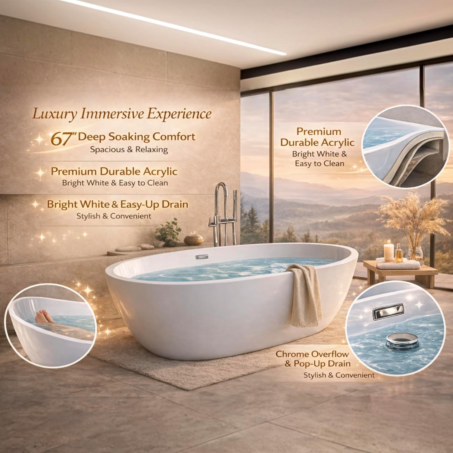 67' Freestanding Bathtub, Deep Soaking Acrylic Tub, Non-Slip Acrylic Tub with Chrome Drain, CUPC Certified, Ergonomic Modern Bath for Bathrooms, Easy-Install