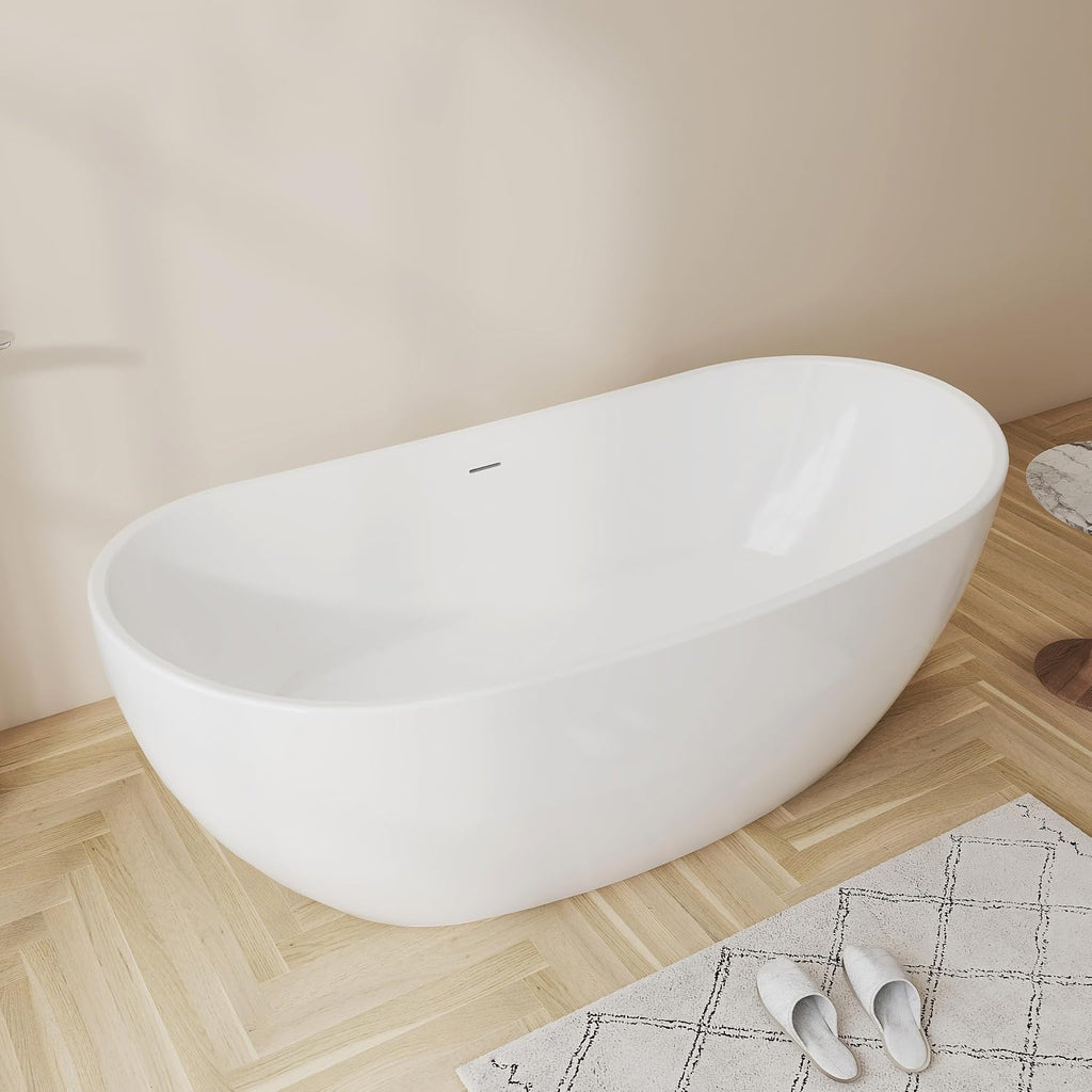 65'' Freestanding White Acrylic Bathtub, Oval Soaking Tub
