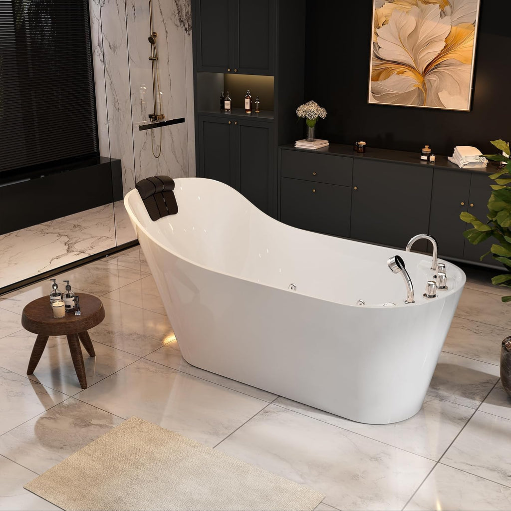 Empava 67'x 30' Freestanding Whirlpool Tub,560W Stand Alone Jetted Bathtub,Slipper Shape with Lumbar and Cervical Support, with 110V Power Plug, ETL Certified