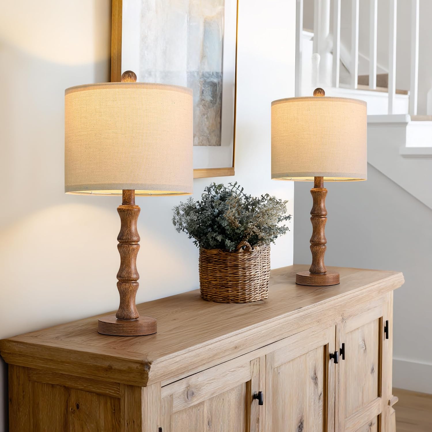 BOBOMOMO Farmhouse Table and Floor Lamp Set of 3, Vintage Lamp Set with Fabric Shade for Living Room, Bedroom, Side Table, Reading Corner