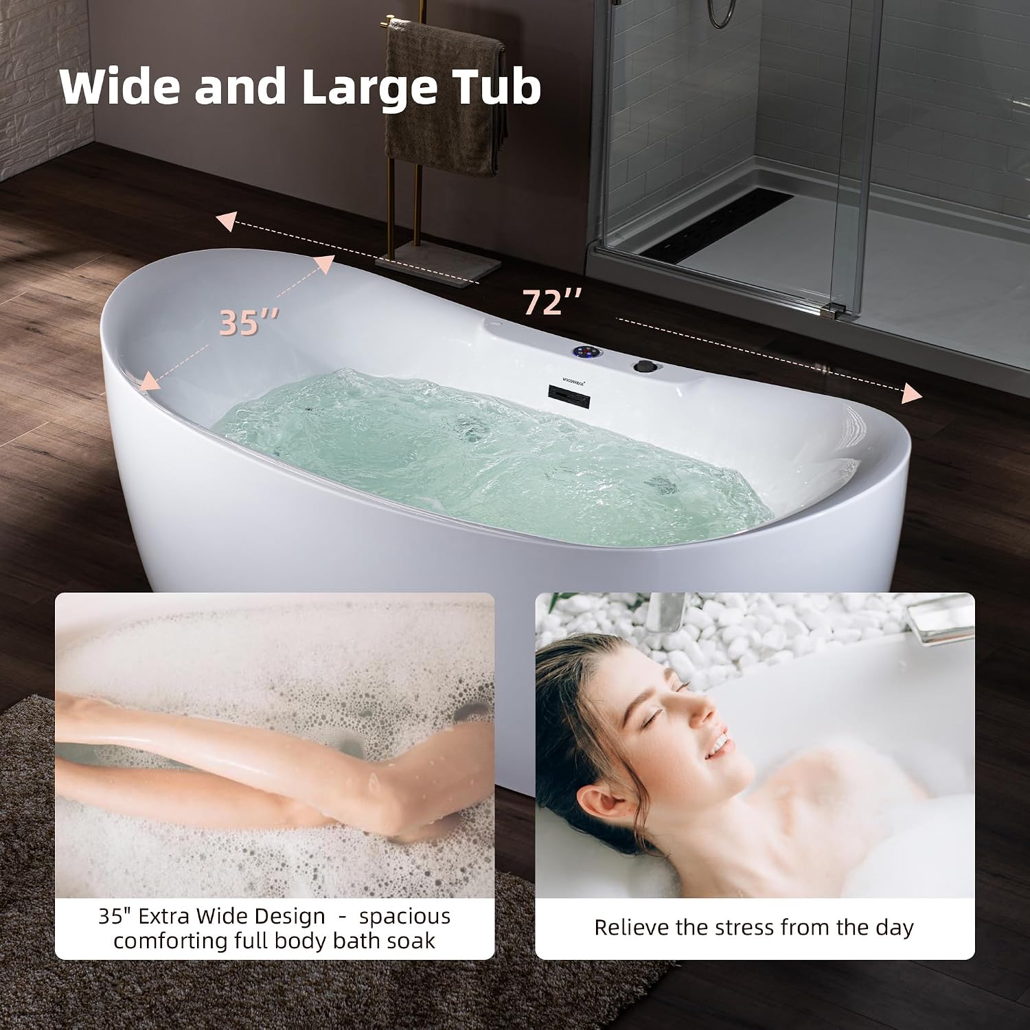 WOODBRIDGE 72' x 35-3/8' Whirlpool Water Jetted and Air Bubble Freestanding Heated Soaking Combination Bathtub with LED control panel,Matte Black drain and overflow,BM400