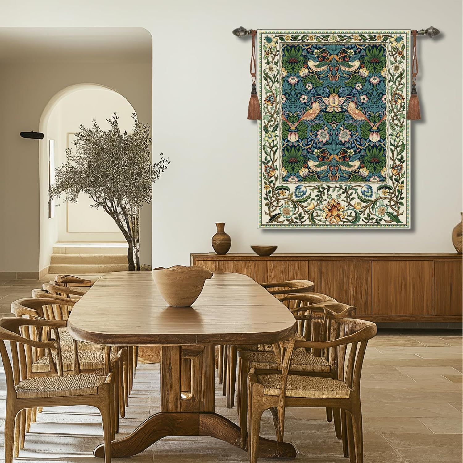 Vintage Medieval Tapestry, William Morris Birds and Flowers, Jacquard Woven Tapestry Wall Hanging for Living Room (Blue)