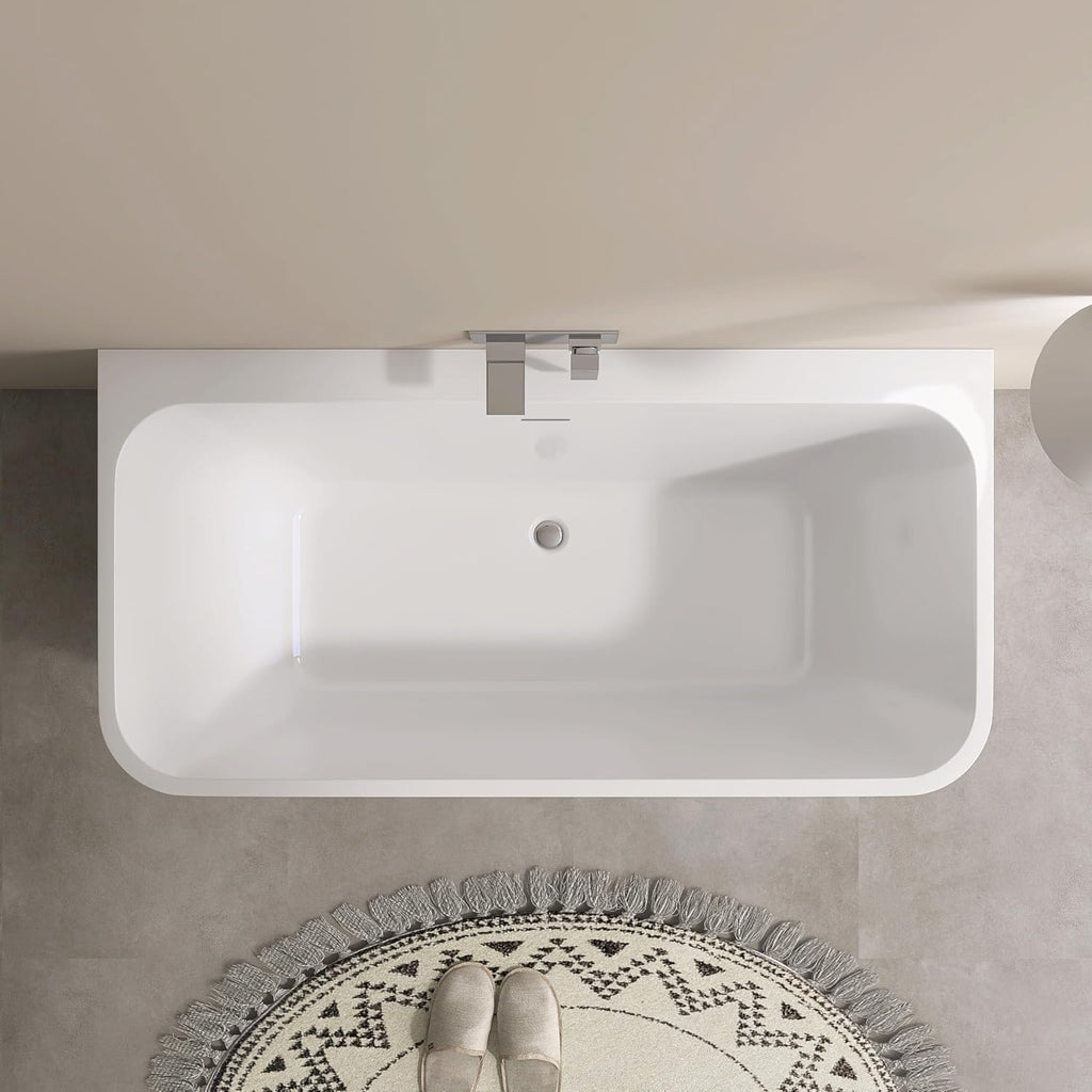 SJ STAR&JANE 59 Inch Acrylic Freestanding Bathtub,Modern Back to Wall Soaking Tub, Stand alone Acrylic Tub Integrated Center Drain & Overflow, Glossy White