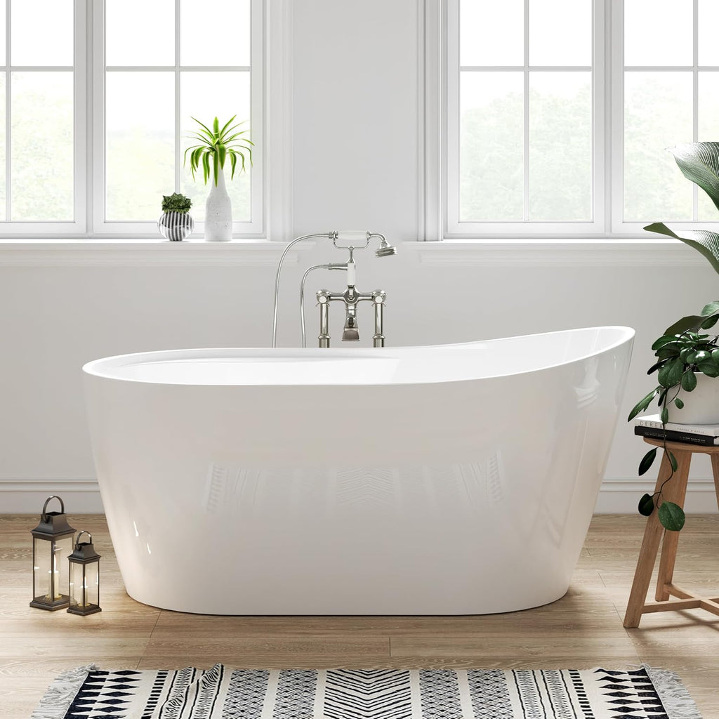 FerdY Lana'i 60' Freestanding Bathtub, Gracefully Shaped Freestanding Soaking tub, Glossy White, cUPC Certified, Brushed Nickel Drain Assembly