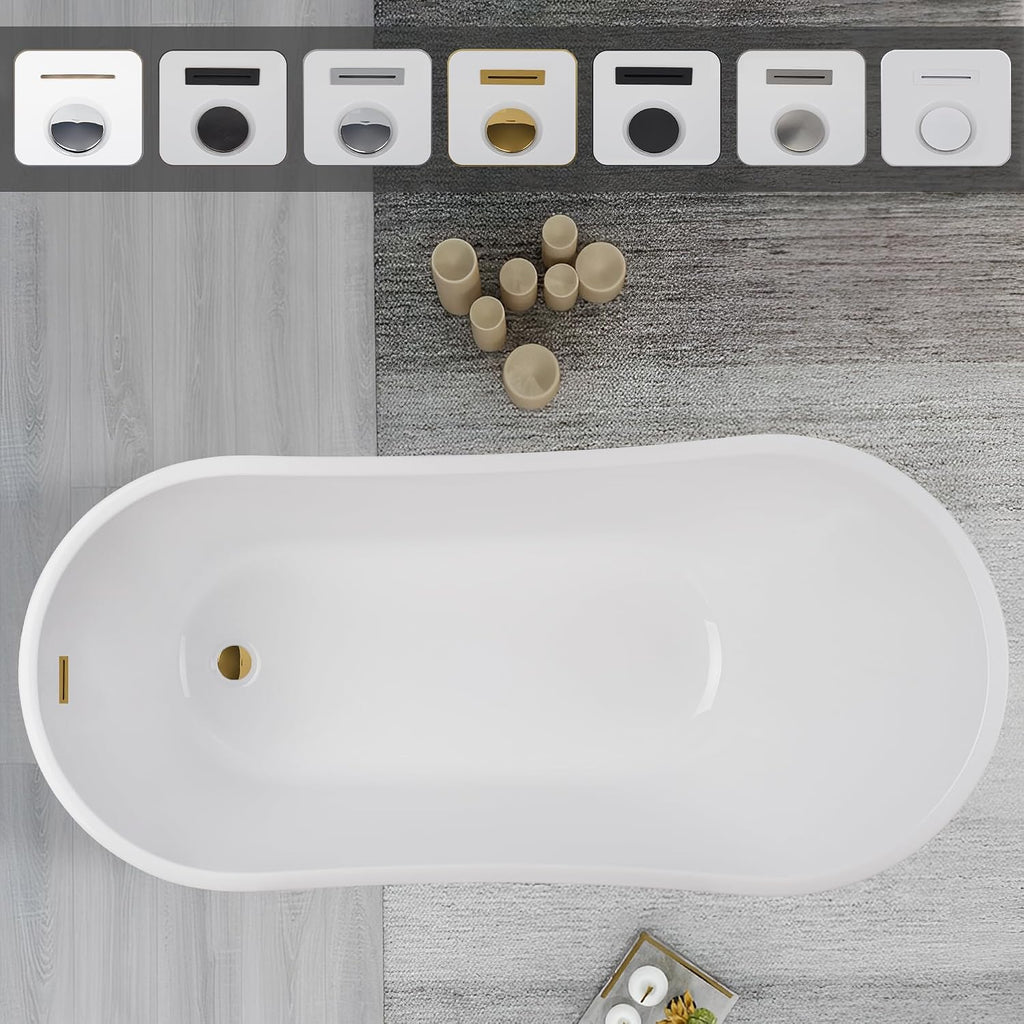 Vanity Art 59 X 29 Inch White Acrylic Freestanding Bathtub | Contemporary Design Soaking Tub with Pop-up Drain and Slotted Overflow Included, UPC Certified VA6904-S-TG